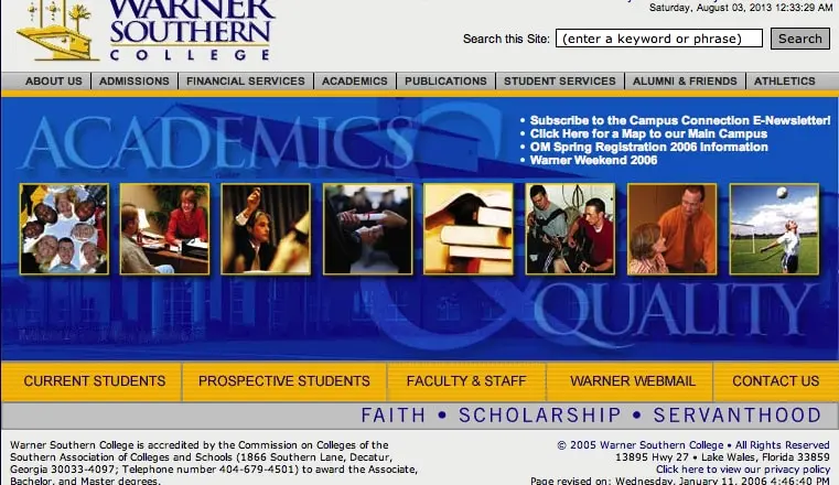 Warner University website screenshot